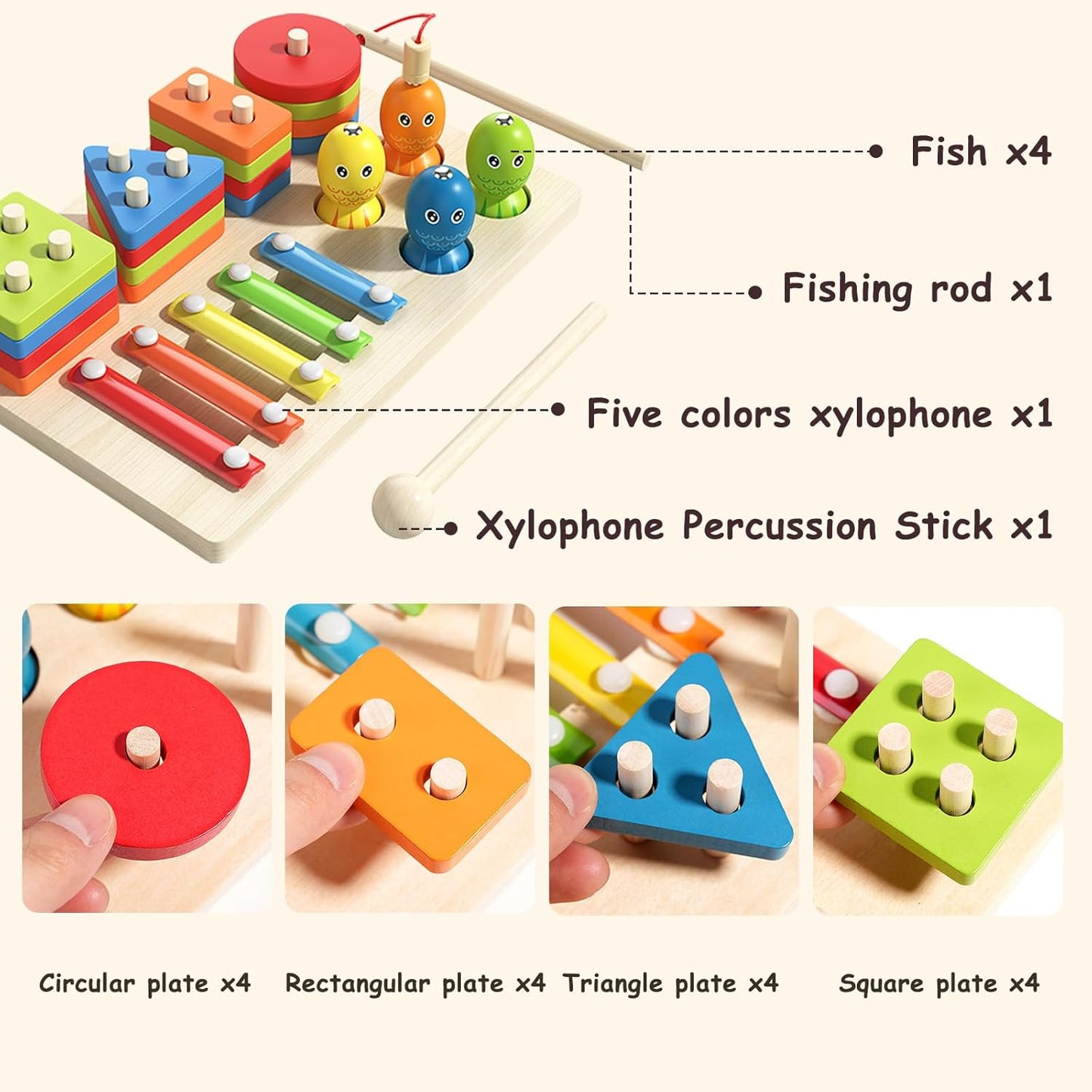 MultiWoodPlay – Jouet Montessori 3-en-1 en Bois : Empilage, Xylophone et Pêche Magnétique