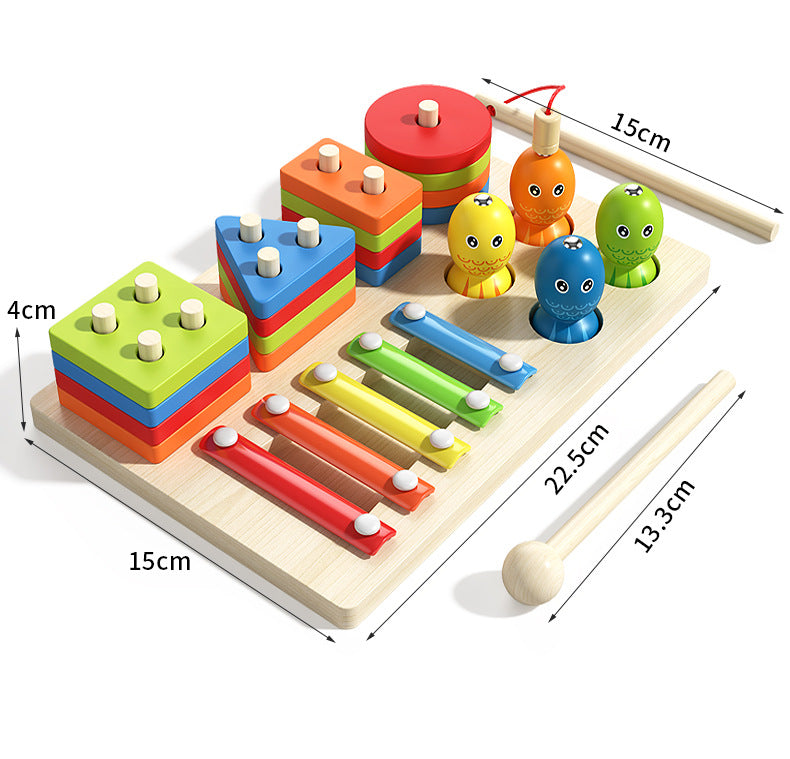 MultiWoodPlay – Jouet Montessori 3-en-1 en Bois : Empilage, Xylophone et Pêche Magnétique