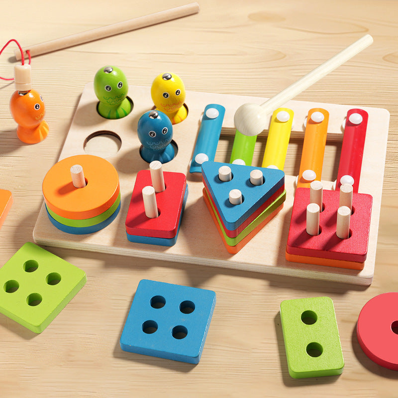 MultiWoodPlay – Jouet Montessori 3-en-1 en Bois : Empilage, Xylophone et Pêche Magnétique