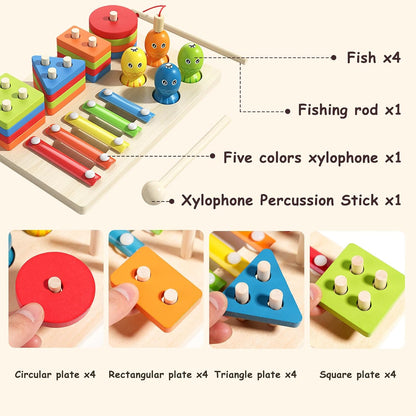 MultiWoodPlay – Jouet Montessori 3-en-1 en Bois : Empilage, Xylophone et Pêche Magnétique