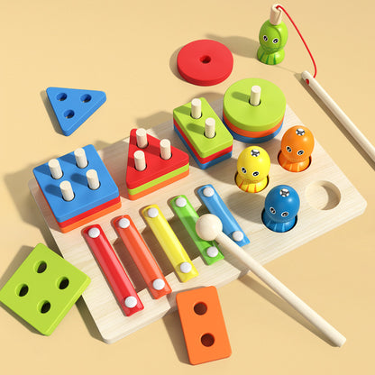 MultiWoodPlay – Jouet Montessori 3-en-1 en Bois : Empilage, Xylophone et Pêche Magnétique