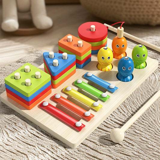 MultiWoodPlay – Jouet Montessori 3-en-1 en Bois : Empilage, Xylophone et Pêche Magnétique