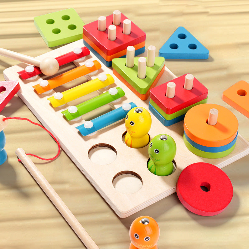 MultiWoodPlay – Jouet Montessori 3-en-1 en Bois : Empilage, Xylophone et Pêche Magnétique