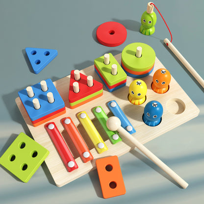 MultiWoodPlay – Jouet Montessori 3-en-1 en Bois : Empilage, Xylophone et Pêche Magnétique